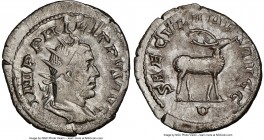 Philip I (AD 244-249). AR antoninianus (23mm, 8h). NGC XF. Rome, 5th officina, Millennium Issue, AD 248. IMP PHILIPPVS AVG, radiate, draped and cuiras...