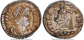 Valens (AD 364-378). AR siliqua (18mm, 6h). NGC AU, brushed. Trier, AD 367-375. D N VALEN-S P F AVG, pearl-diademed, draped and cuirassed bust of Vale...