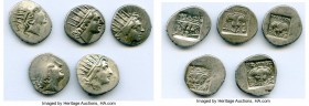 ANCIENT LOTS. Greek. Carian Islands. Rhodes. Ca. 88-84 BC. Lot of five (5) AR drachms. VF. Includes: (5) Plinthophoric standard, AR drachms. Various m...