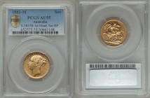 Victoria gold "St. George" Sovereign 1882-M AU55 PCGS, Melbourne mint, KM7, S-3857B. Some field imperfections noted, yet essentially mint state. AGW 0...