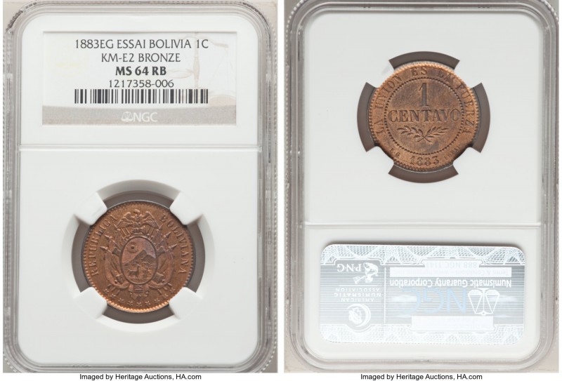 Republic Pair of Certified bronze Essai Centavos 1883-EG NGC, 1) Centavo - MS64 ...