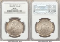 Weimar Republic "Lessing" 5 Mark 1929-F MS63 NGC, Stuttgart mint, KM61. Issued to commemorate the 200th Anniversary of the birth of Gotthold Lessing. ...