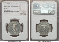 Federal Republic "Schiller" 5 Mark 1955-F MS62 NGC, Stuttgart mint, KM114. Struck in commemoration of the 150th anniversary of the death of Friedrich ...