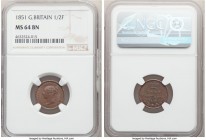 Victoria 1/2 Farthing 1851 MS64 Brown NGC, KM738, S-3951. Chestnut brown color on muted non-glossy surface. 

HID09801242017

© 2020 Heritage Auct...