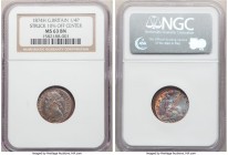 Victoria Mint Error - Struck Off Center Farthing 1874-H MS63 Brown NGC, Heaton mint, KM753. Struck 10% off center. Full strike with blue and violet to...