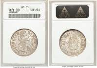 Leopold I 15 Krajczar 1676-KB MS63 ANACS, Kremnitz mint, KM175. Exceptional strike with peach and gray toning. 

HID09801242017

© 2020 Heritage A...