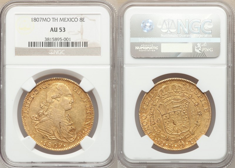 Charles IV gold 8 Escudos 1807 Mo-TH AU53 NGC, Mexico City mint, KM159. AGW 0.76...