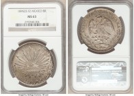 Republic 8 Reales 1895 Zs-FZ MS63 NGC, Zacatecas mint, KM377.13, DP-Zs81. Olive-gray toning over backlit sunset orange quite eye-appealing when held w...