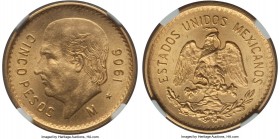 Estados Unidos gold 5 Pesos 1906-M MS65 NGC, Mexico City mint, KM464. Full Gem surfaces make this an excellent type representative. AGW 0.1206 oz. 
...