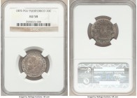 Spanish Colony. Alfonso XIII 20 Centavos 1895-PGV AU58 NGC, KM22. Conservatively graded, nicely struck and displaying lavender-gray and icy-blue tonin...