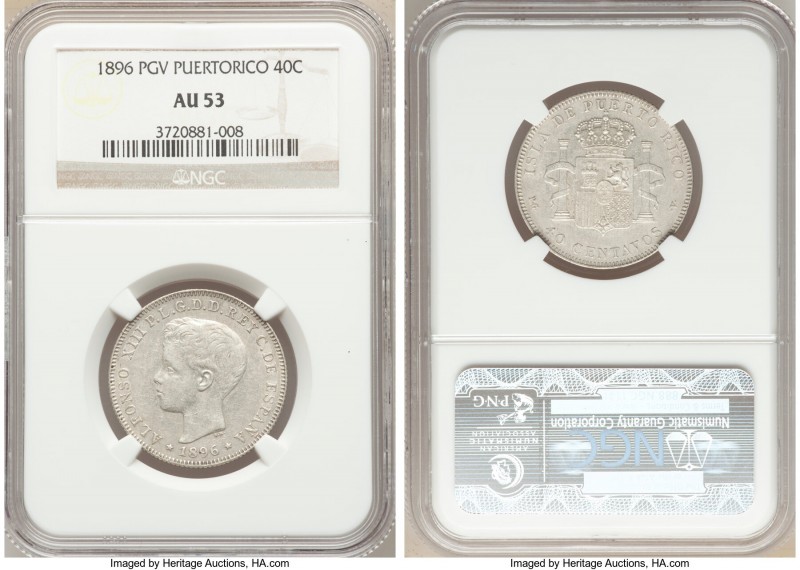 Spanish Colony. Alfonso XIII 40 Centavos 1896-PGV AU53 NGC, KM23. One year type....