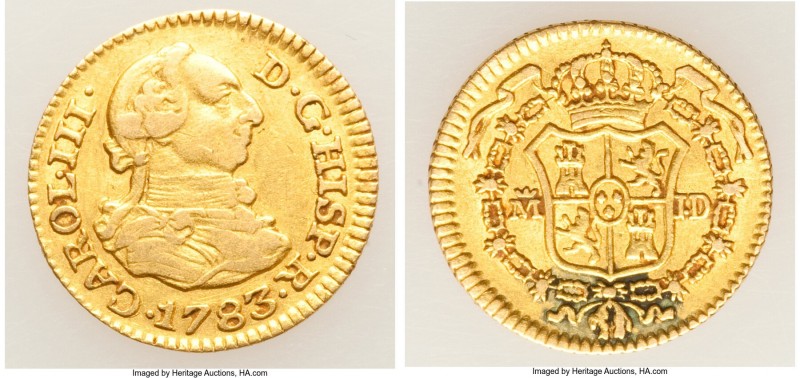 Charles III gold 1/2 Escudo 1783 M-JD VF (Residue), Madrid mint, KM415.1. 14.7mm...