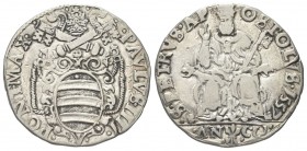 ANCONA
Paolo IV (Gian Pietro Carafa), 1555-1559. 
Testone 1557.
Ag gr. 7,53
Dr. PAVLVS IIII - PONT MAX. Stemma ovale in cornice sormontato da trir...