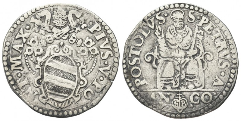ANCONA
Pio V (Antonio Michele Ghislieri), 1566-1572.
Testone.
Ag gr. 9,38
Dr...