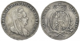 MILANO
Maria Teresa d’Asburgo, Imperatrice e Duchessa di Milano, 1740-1780.
Scudo 1780.
Ag gr. 22,55
Dr. M THERESIA D G IMP HU BO PREG A A. Busto ...