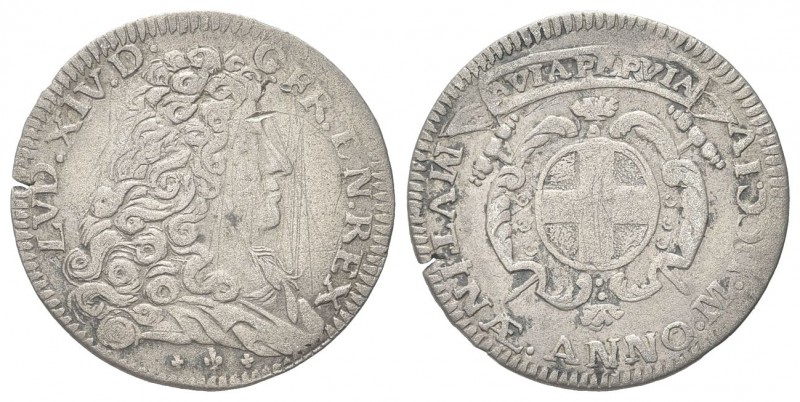 MODENA
Luigi XIV di Borbone, 1702-1706.
Mezza Lira 1704.
Mi gr. 3,10
Dr. LVD...