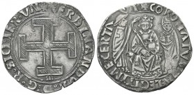 NAPOLI
Ferdinando I d’Aragona (Ferrante), 1458-1494.
Coronato, sigla M.
Ag gr. 3,87
Dr. FERDINANDVS D G R SI IER VNG. Croce potenziata rigata; sot...