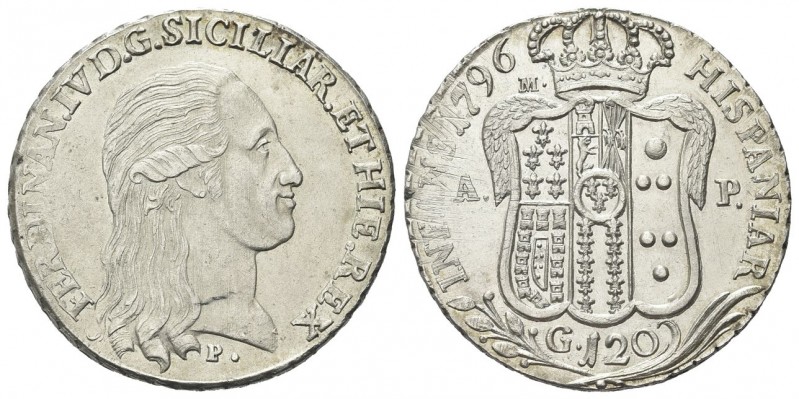 NAPOLI
Ferdinando IV (I) di Borbone, 1759-1816.
Piastra 1796.
Ag gr. 27,47
D...