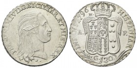 NAPOLI
Ferdinando IV (I) di Borbone, 1759-1816.
Piastra 1796.
Ag gr. 27,47
Dr. FERDINAN IV D G SICILIAR ET HIE REX. Testa nuda a d.; sotto, P.
Rv...