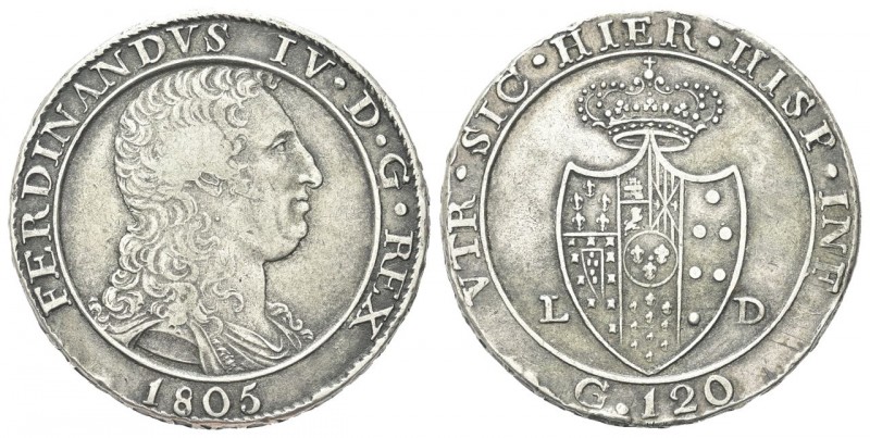 NAPOLI
Ferdinando IV (I) di Borbone, 1759-1816.
Piastra 1805, capelli ricci e ...