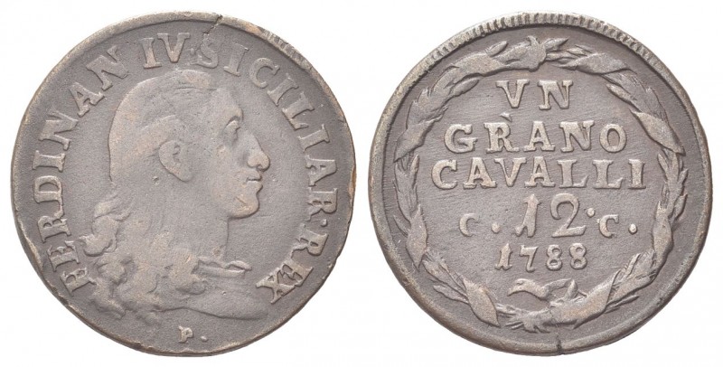 NAPOLI
Ferdinando IV (I) di Borbone, 1759-1816.
Grano 1788.
Æ gr. 5,95
Dr. F...