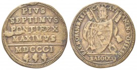 ROMA
Pio VII (Barnaba Chiaramonti), 1800-1823.
Baiocco 1801.
Æ gr. 9,61
Dr. Stemma papale sormontato da triregno e chiavi decussate.
Rv. Iscrizio...