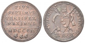 ROMA
Pio VII (Barnaba Chiaramonti), 1800-1823.
Baiocco 1802 a. II.
Æ gr. 12,08
Dr. Stemma papale.
Rv. Scritta entro cerchio perlinato. 
Pag. 81;...