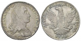 SICILIA
Ferdinando IV (I) di Borbone, 1759-1816.
12 Tarì 1798.
Ag gr. 27
Dr. FERDINAN D G - SICIL ET HIER REX. Busto corazzato a d.; sotto, indica...