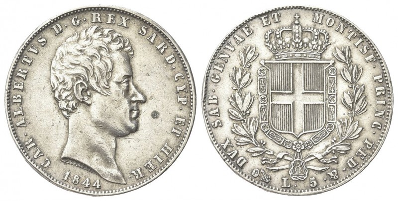 REGNO DI SARDEGNA
Carlo Alberto, 1831-1849.
5 Lire 1844 Genova.
Ag
Dr. Testa...