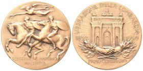 MILANO
Durante Repubblica Italiana, dal 1946.
Medaglia 1959.
Æ gr. 87,73 mm 60,8
Dr. Due cavalieri al galoppo verso s.; sopra, vittoria alata con ...