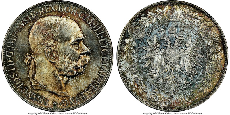 Franz Joseph I 5 Corona 1907 MS64 NGC, KM2807. A rarely locatable type in any so...