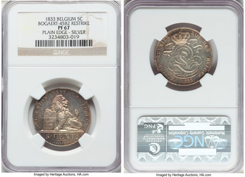 Leopold I silver Proof Restrike 5 Centimes 1833 PR67 NGC, Bogaert-45B2. Plain ed...