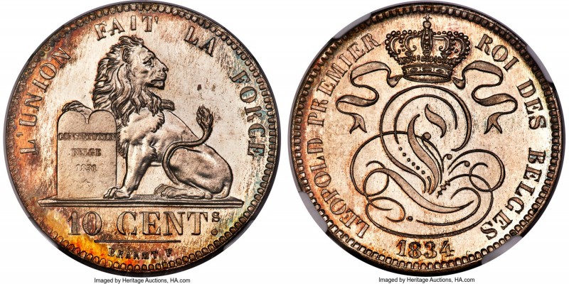 Leopold I silver Proof Restrike 10 Centimes 1834 PR66 NGC, Bogaert-101B2. Plain ...