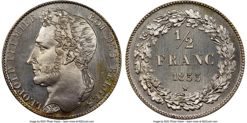 Leopold I silver Proof 1/2 Franc 1833 PR67 NGC, Bogaert-35B1. Reeded edge. The f...