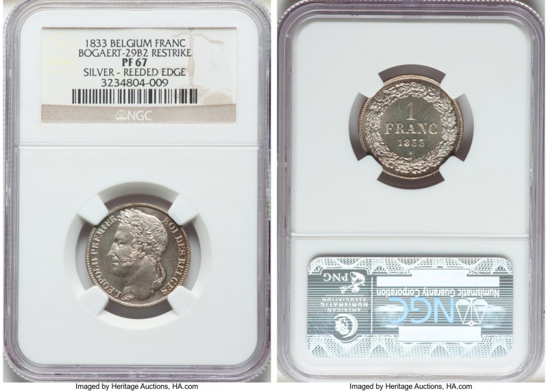 Leopold I silver Proof Restrike Franc 1833 PR67 NGC, Bogaert-29B2. Reeded edge. ...