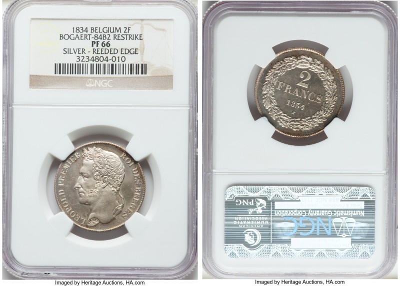 Leopold I silver Proof Restrike 2 Francs 1834 PR66 NGC, Bogaert-84B1. Reeded edg...