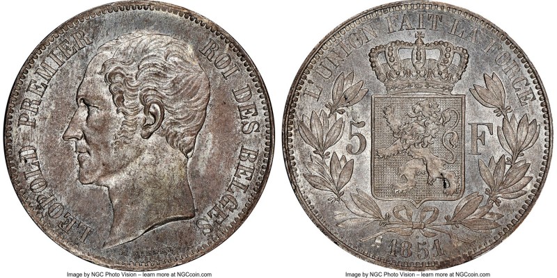 Leopold I 5 Francs 1851 MS64+ NGC, KM17. Variety with dot above date. Seemingly ...