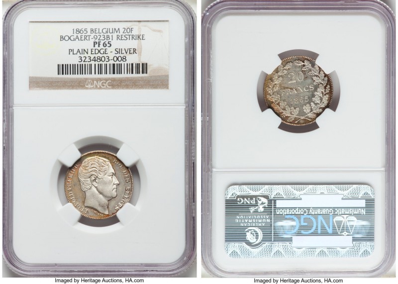 Leopold I silver Proof Restrike 20 Francs 1865 PR65 NGC, Bogaert-923B1. Plain ed...