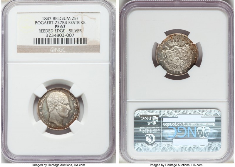 Leopold I silver Proof Restrike 25 Francs 1847 PR67 NGC, Bogaert-227B4. Reeded e...