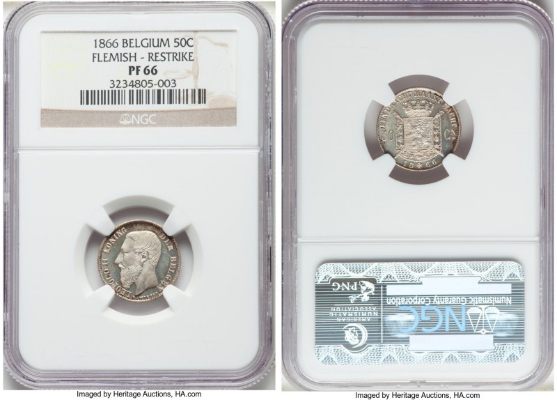 Leopold II silver Proof Restrike 50 Centimes 1866 PR66 NGC, Bogaert-1047B3. Reed...