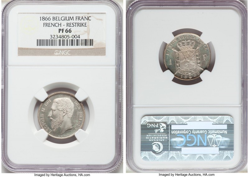 Leopold II silver Proof Restrike Franc 1866 PR66 NGC, Bogaert-1038B2. Finely ree...