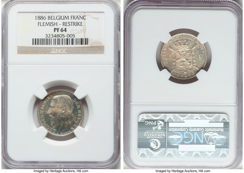 Leopold II silver Proof Restrike Franc 1886 PR64 NGC, Bogaert-1242B1. Reeded edg...