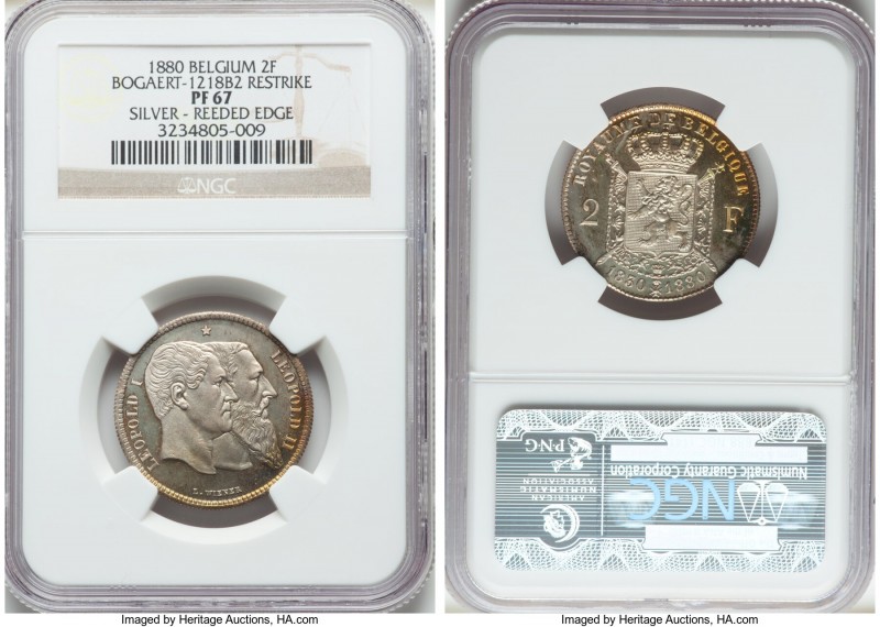 Leopold II silver Proof Restrike 2 Francs 1880 PR67 NGC, Bogaert-1218B2. Reeded ...