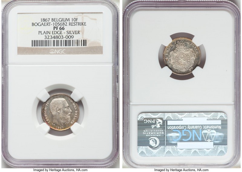 Leopold II silver Proof Restrike 10 Francs 1867 PR66 NGC, Bogaert-1056B2. Plain ...