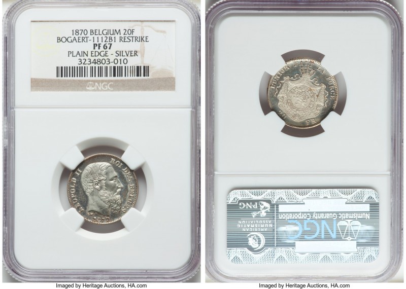 Leopold II silver Proof Restrike 20 Francs 1870 PR67 NGC, Bogaert-1112B1. Plain ...