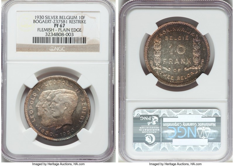 Albert I silver Proof Restrike 10 Francs 1930 PR67 NGC, Bogaert-2375B1. Plain ed...