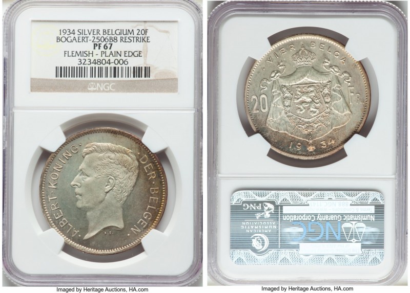 Albert I silver Proof Restrike 20 Francs 1934 PR67 NGC, Bogaert-2506B8. Plain ed...