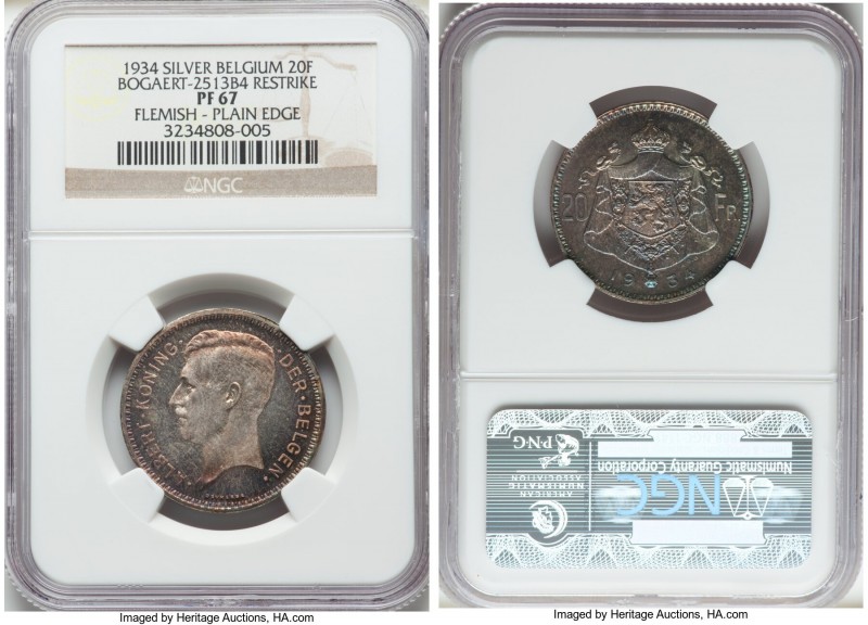 Albert I silver Proof Restrike 20 Francs 1934 PR67 NGC, Bogaert-2513B4. Plain ed...