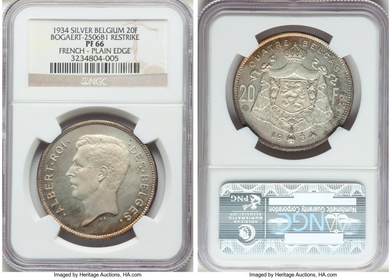 Albert I silver Proof Restrike 20 Francs 1934 PR66 NGC, Bogaert-2506B1. Plain ed...