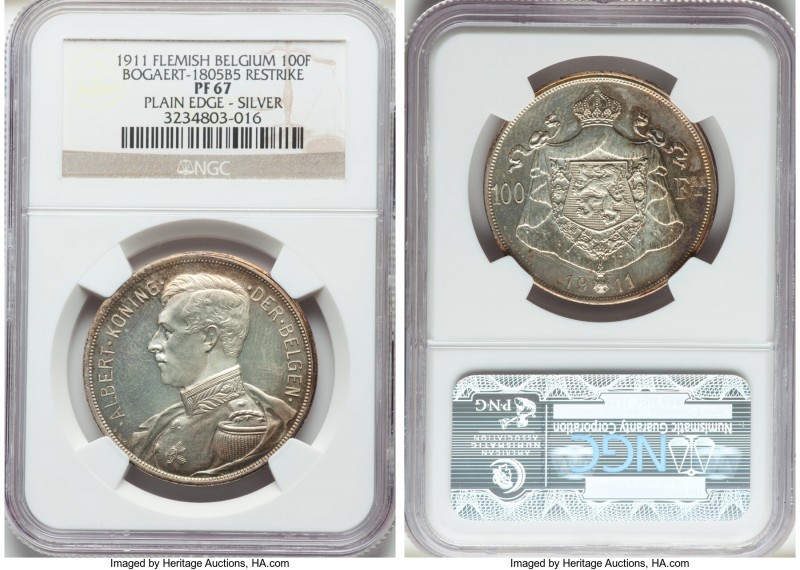 Albert I silver Proof Restrike 100 Francs 1911 PR67 NGC, Bogaert-1805B5. Plain e...